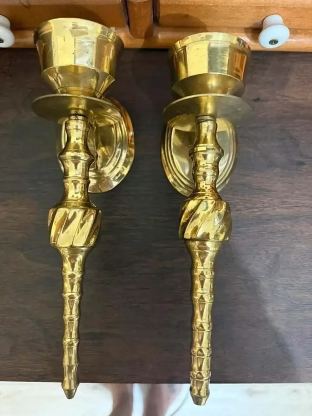 Pair of Vintage Solid Brass Wall Sconce Candle Holders with Swirl Detail